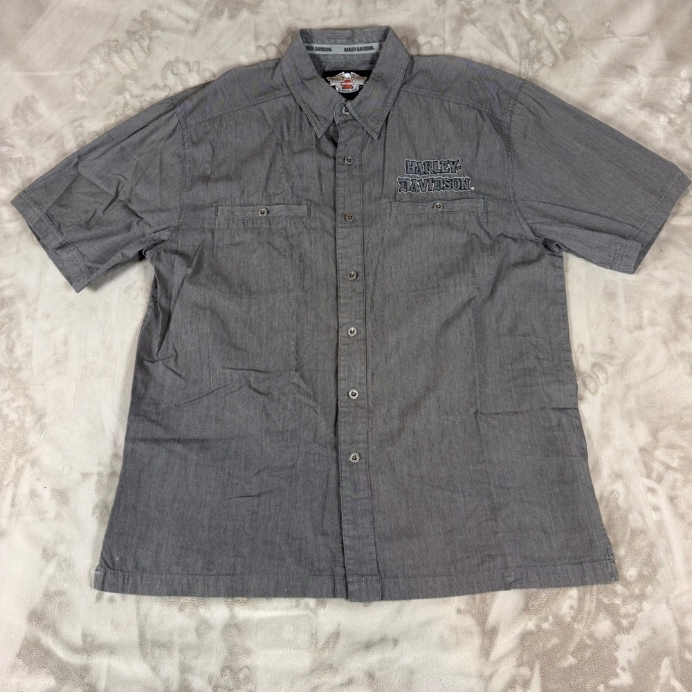 Harley-Davidson Mens Gray Skull Graphic Short Sleeve Button Up Shirt Large
